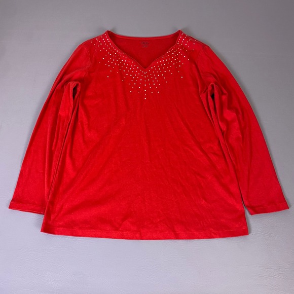 Falls Creek Tops - Falls Creek Top Women's 1X Red Long Sleeve V-Neck Rhinestone Embellished Sparkle